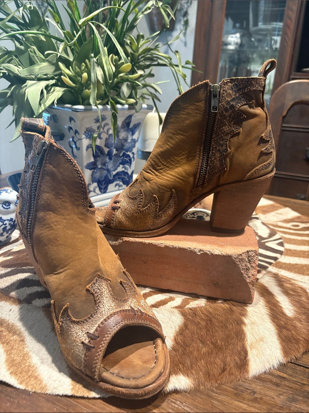 LIBERTY Black Tan Brown Peep-Toe Western Ankle Booties